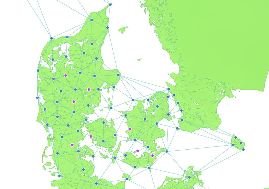 Danmarkskort med oversigt over ToppTOPOs RTK netværks basestationer